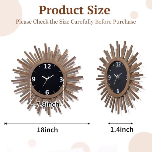 Honiway 18 Inch Large Wall Clock, Battery Operated, Rustic Wood Boho Sunburst - Image 3