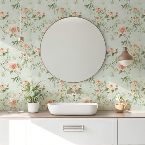 Floral Peel and Stick Wallpaper Green and Orange Flower Wall Paper Vintage - Image 4