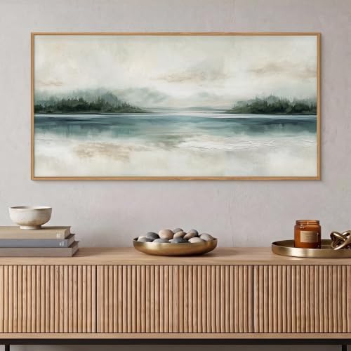 HOURIA Abstract Sage Green Beige Landscape Framed Canvas Wall Art Set, - Image 3