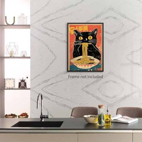 enttgo Vintage Black Cat Poster Funny Cat Eating Ramen Wall Art Unique Kitchen - Image 4
