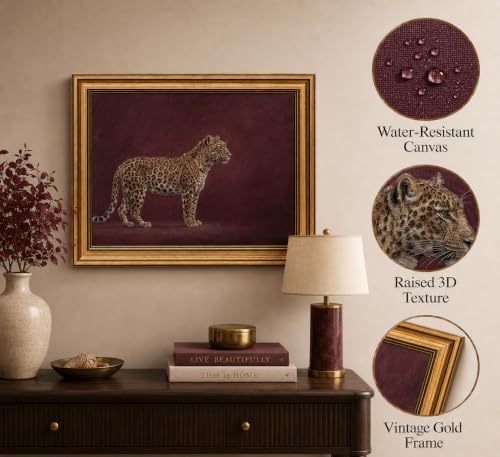 Gold Framed 3D Textured Wall Art, Vintage Burgundy Cheetah Canvas Prints - Image 2