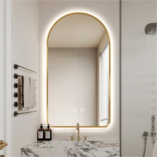 36"H x 24"W Arched LED Bathroom Mirror, Brushed Gold Framed Backlit Vanity by SIEANE