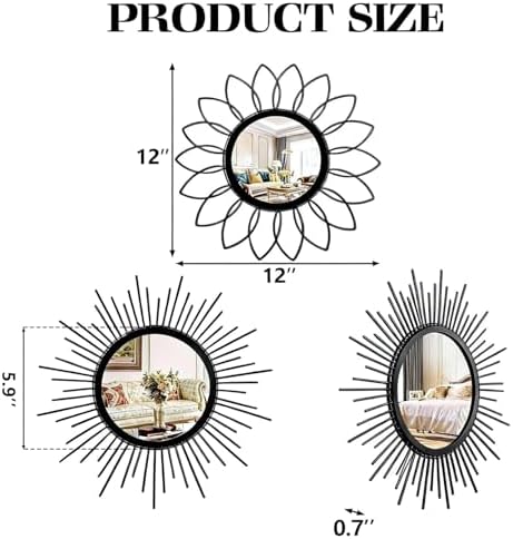 Set of 3 Black Metal Sunburst Wall Mirrors - Image 2