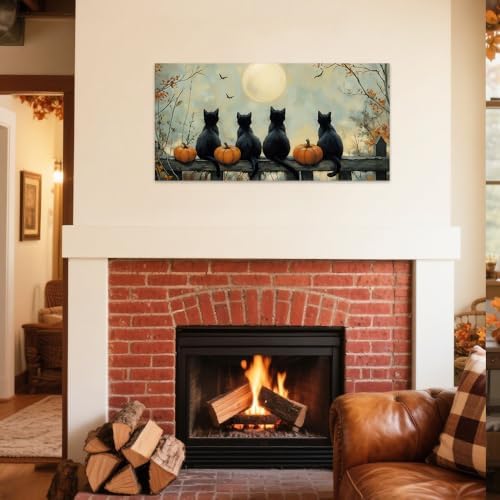 SWQYLB Autumn Pictures Wall Art Black Cat Fall Decor Halloween Animal Canvas - Image 2