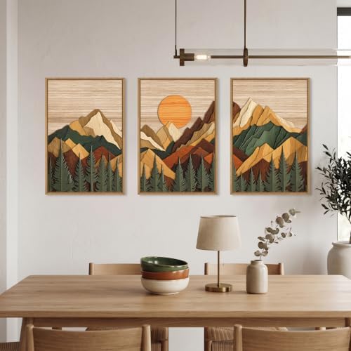 Boho Woodcut Style Mountain Framed Canvas Wall Art Set-24"x36"x3 - Image 3