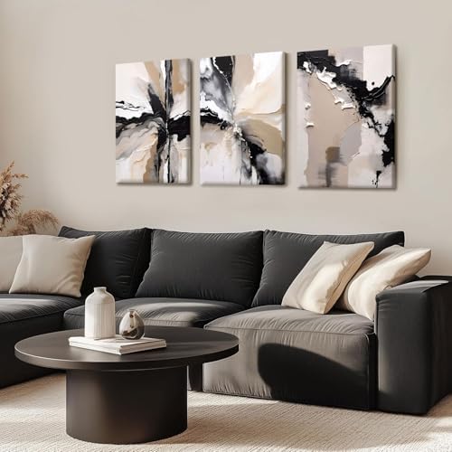 NCCXNCC 3-Piece Black and Beige Abstract Canvas Wall Art, 16x24 Inch Framed - Image 2