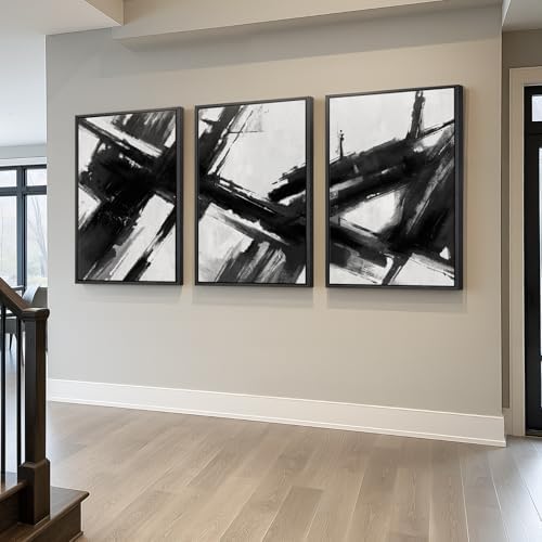 Large Framed Black and White Abstract Canvas Wall Art - Image 2