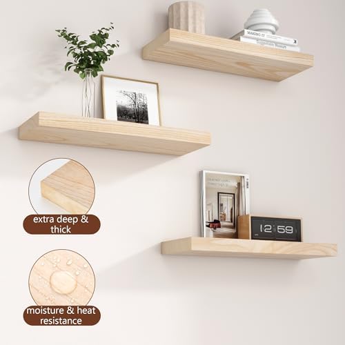 fuqing Natural Wood Floating Shelves, 17 Inch Wooden Wall Shelves Set of 3 - Image 5
