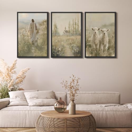 MUDECOR Framed Canvas Print Wall Art Set Jesus and Lambs - Image 5