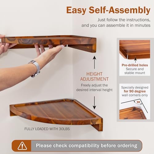 Demigo Round Floating Corner Shelves, Natural Acacia Wall Shelf - Image 5