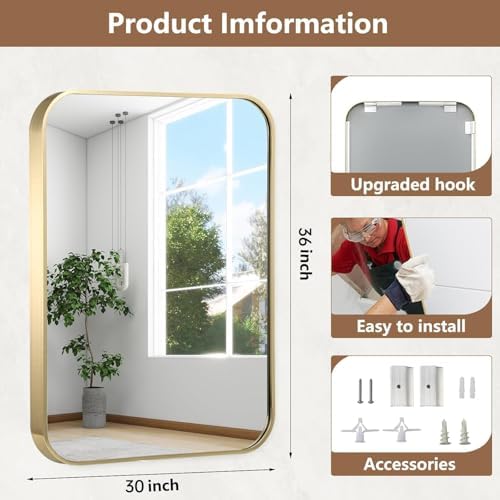 30x36 Inch Gold Bathroom Mirror, Brushed Brass Gold Metal Framed Rectangular - Image 5