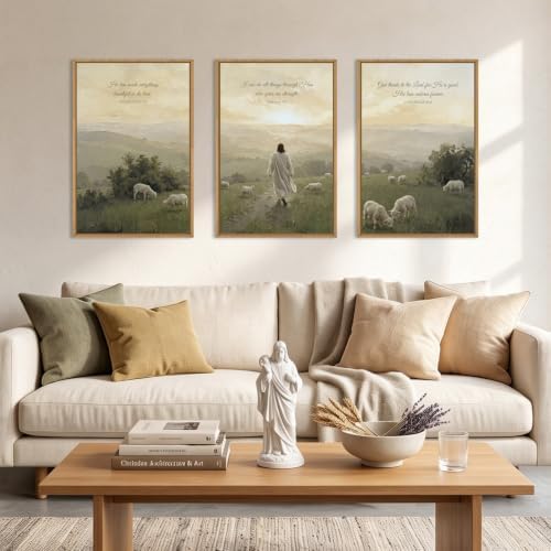 BINCUE Framed Christian Wall Art Jesus Lamb Wall Decor Christian Landscape by BINCUE