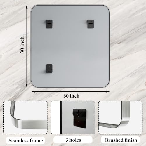 Bathroom Mirror for Wall, 30 Inch Square Mirror, Matte Silver Metal Framed - Image 2