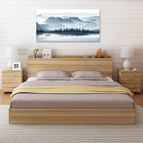arteWOODS Indigo Canvas Wall Art Misty Mountain Wall Pictures Foggy Lake Boat - Image 4