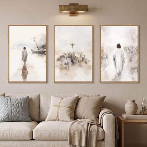 Jesus Christ Walking On Water Scenes Framed Canvas Wall Art Set-16"x24"x3 by Aryroi