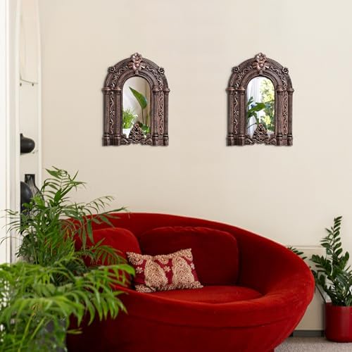 2 Set Wood Carved Window Mirrors 3D Relief Arched Wall Decor Roman Column - Image 2