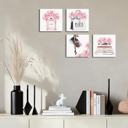 QINGTAI 4 Pcs Pink Fashion Canvas Wall Art, Perfume Handbag Wall Decor - Image 5