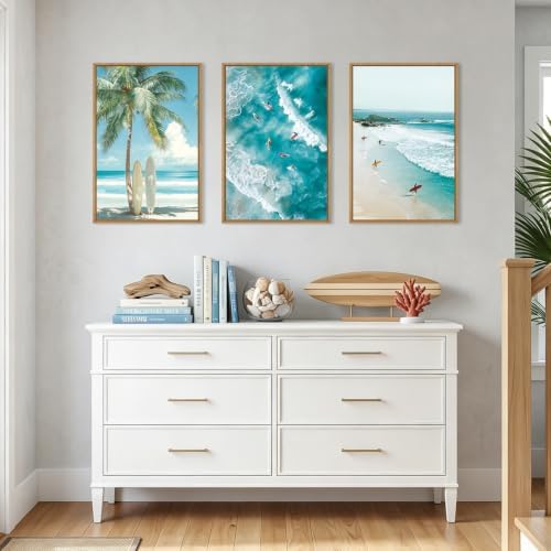 IARTTOP Large Tropical Beach Surfing Framed Wall Art 16x24 Inch Blue Summer - Image 3