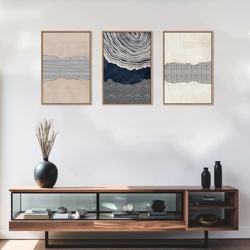 LHIUEM Large Abstract Navy Blue Beige Framed Canvas Wall Art, Modern Tree Rings - Image 4