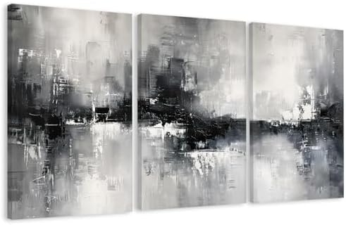 AVECCO Triptych Abstract Black White Gray Wrapped Canvas Wall Art 20x30 In by Unknown