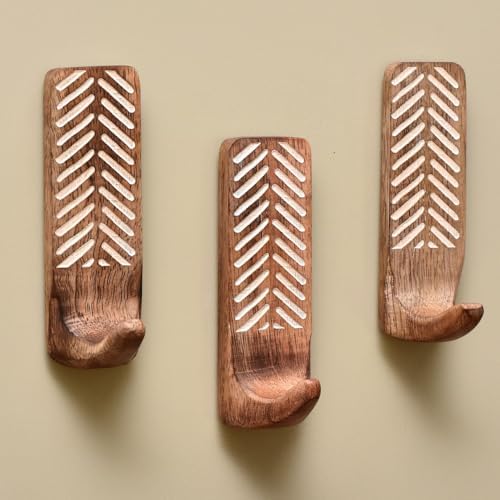Indian Shelf 3 Boho Wood Adhesive Wall Hooks Peel Stick by IndianShelf