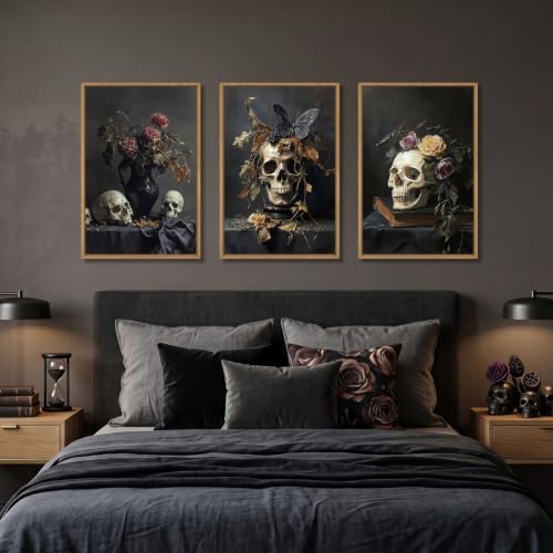 Large Vintage Skull Halloween Floral Framed Canvas Wall Art Set, Abstract - Image 4