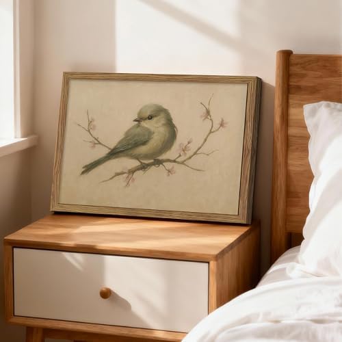 Framed Vintage Bird Canvas Wall Art, Cute Rustic Bird on Peach Blossom Print - Image 2