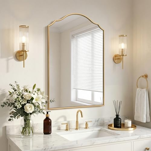 Besdomus Bathroom Mirrors for Over Sink: 24"x36" Gold Wooden Arched Mirror by Besdomus