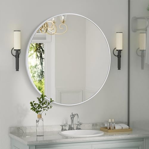 Round White Bathroom 30 Inch Mirror, Circle Wall Modern Mirror - Image 3