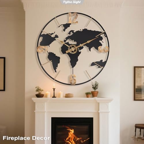 Pytha Sight 24 Inch Large World Map Vintage Gold Arabic Numerals Wall Clock - Image 4
