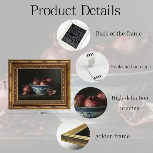 Gold Framed Wall Art Vintage Pomegranate Still Life Wall Art Fall Red Fruit - Image 2