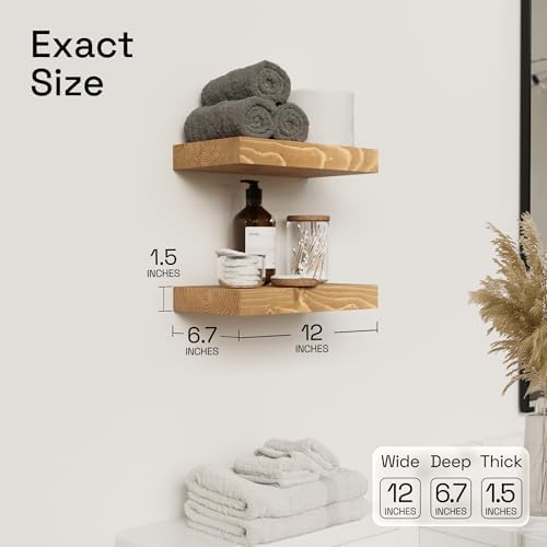 Natural Wood Floating Shelves for Wall 12 Inch Oak, Small Wooden Shelf - Image 3