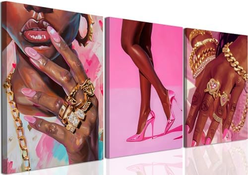 Black Girl Wall Art Set of 3 Pink Fashion Black Woman Canvas Wall Decor by Unknown