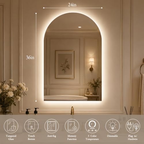 Saliwa Arched Bathroom Mirror, LED Lighted Frameless Backlight - Image 2