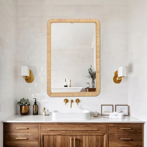 FUIN 24"x36" Rattan Wall Mirror, Natural Wicker Rectangle Bathroom Vanity Mirror - Image 5