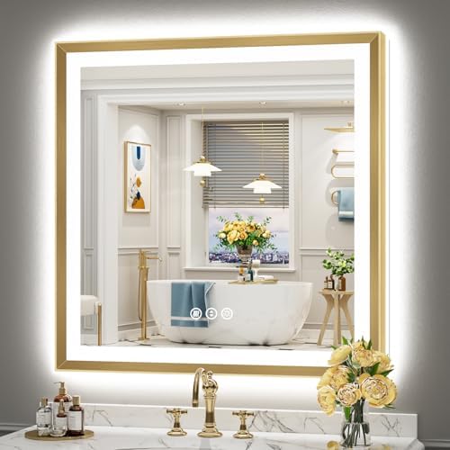 36x36 Gold Beveled LED Lighted Bathroom Mirror, Backlit & Front Lit by Awandee