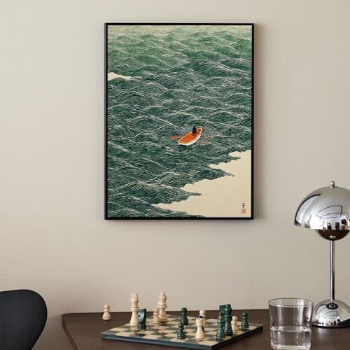 Vintage Japanese Canvas Wall Art Emerald Green Boat At Sea Posters Minimalist - Image 4