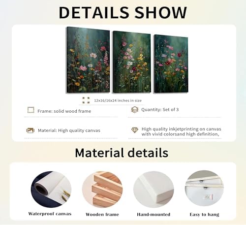 3Pcs Dark Green Floral Canvas Wall Art Moody Wildflowers Poster Prints Vintage - Image 5