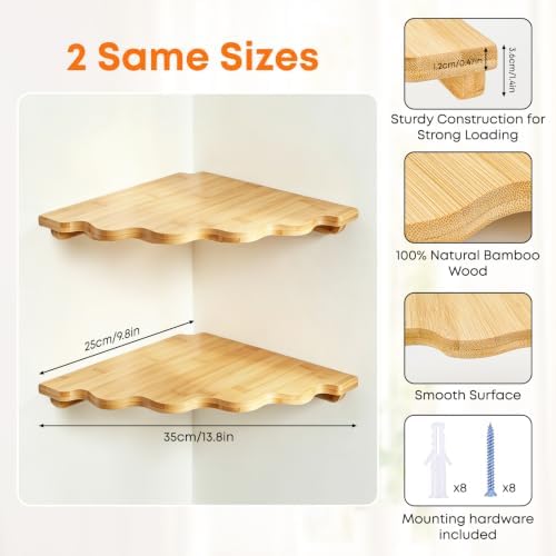 Fantasyon Corner Floating Shelf Wall Mount, Bamboo Wood Corner Hanging Shelves - Image 2