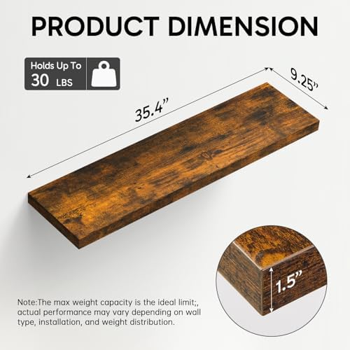 BAYKA Rustic Brown Floating Shelves 35.4in, Wall Mount Wood Shelf - Image 3