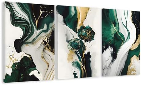 EJPFOGV Triptych Green and Gold Floral Wrapped Canvas Wall Art 16x24 in x3 by FramedCanvasWallArt