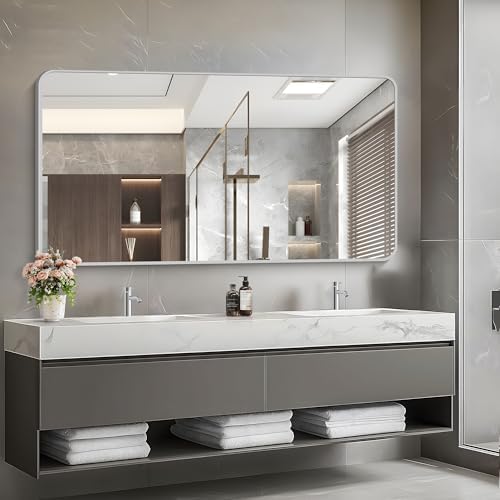 55x30 Inch Silver Bathroom Mirror, Large Rectangular Vanity Mirror, Metal - Image 3