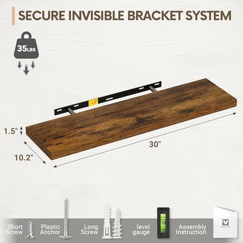 Vivelove 10 Inch Deep Floating Shelves 30x10” Set of 2, Rustic Brown - Image 3