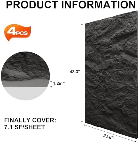 KASARO 3D Faux Stone PU Wall Panels, 4 Pack Cement Texture Black - Image 3
