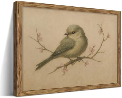 Framed Vintage Bird Canvas Wall Art, Cute Rustic Bird on Peach Blossom Print by Unknown