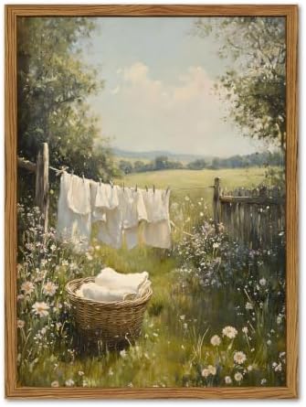 Framed Vintage Laundry Room Wall Art, Farmhouse Landscape Wildflower Pictures by Unknown