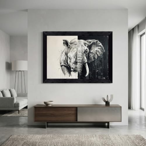 Framed Canvas Wall Art Monochrome Rhino Elephant Split Portrait High Contrast - Image 7