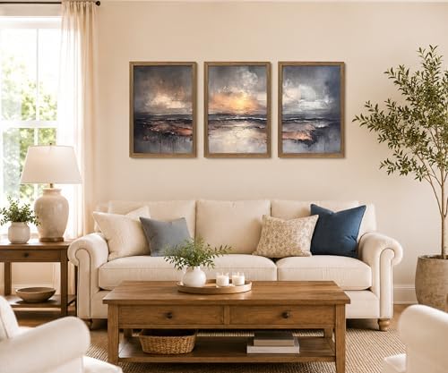 Framed Moody Coastal Sunset Ocean Landscape Canvas Wall Art Set of 3 - Image 2