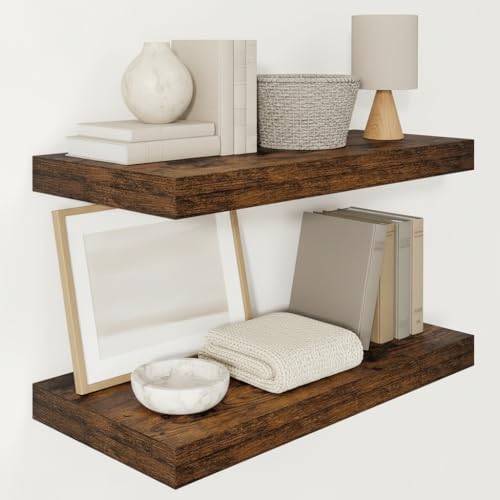 Vivelove 12" Deep Floating Shelves 24x12” Set of 2, Rustic Brown by VIVELOVE