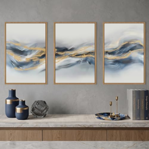 Aryroi Large Abstract Navy Blue Gold Framed Canvas Wall Art Set- 24"x36"x3 - Image 2
